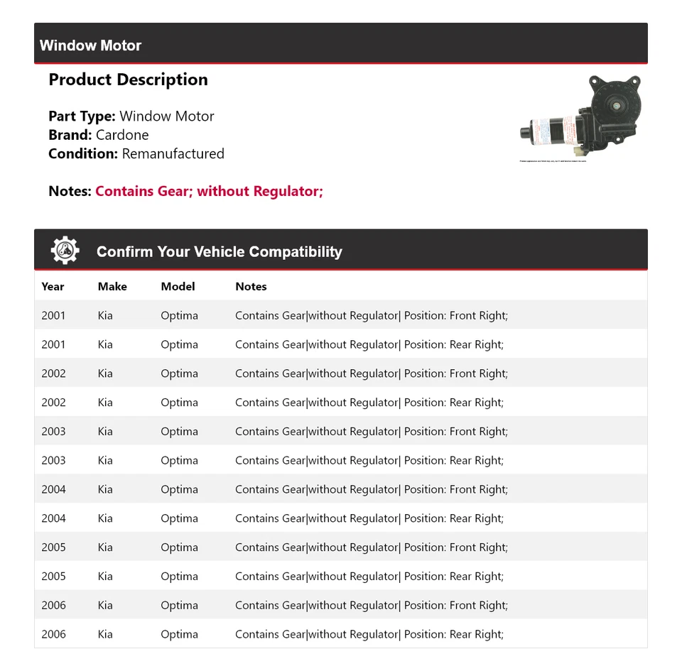 Para Kia Optima 2001-2006 Ventana Motor Cardone 2002 2003 2004 2005 Foto 2 de 4