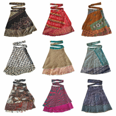 Vintage Silk Sari Recycled Magic Wrap Around Skirt Reversible Women Dress D2