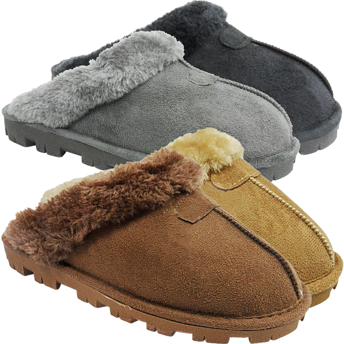 NEW WOMENS LADIES FAUX FUR LINED HARD SOLE SLIP ON SLIPPERS WARM
