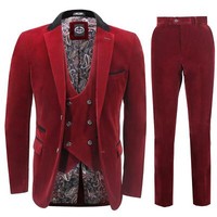 Mens 3 Piece Velvet Suit Maroon Tailored Jacket Waistcoat Trousers Wedding Party