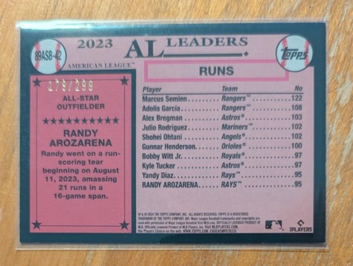 2024 Topps '89 Topps All Star Black #89ASB-42 Randy Arozarena /299 Rays - Bild 2 von 2