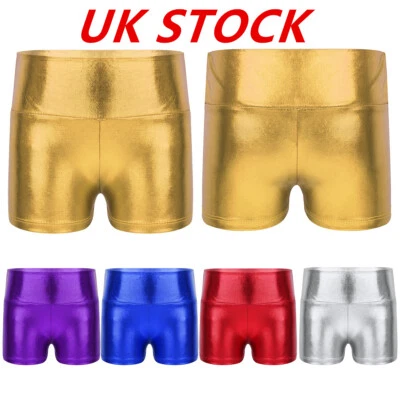 UK Girls Metallic Dance Shorts Bottoms Activewear for Sport Gymnastic Workout