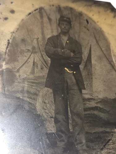 1860s 1/4 Plate Tintype of Civil War Soldier Standing in Front of Tent Backdrop