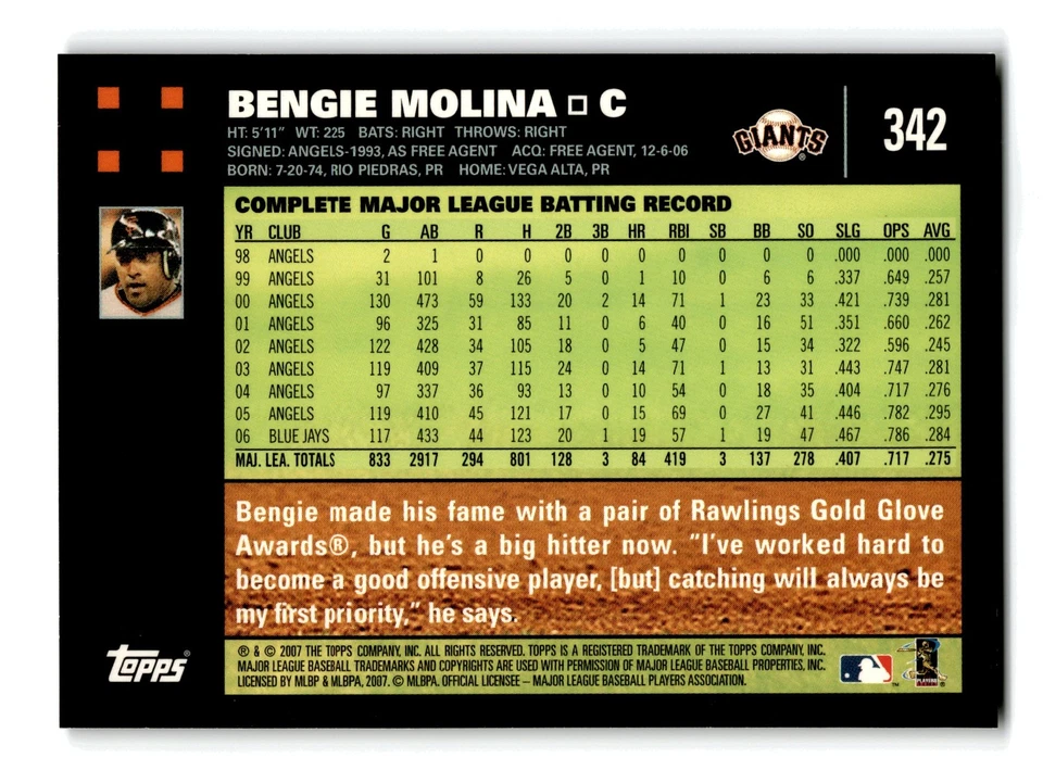 Bengie Molina 2007 Topps #342 San Francisco Giants Mint - Image 2 of 2