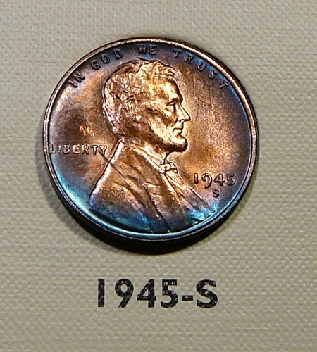 1945-S  Lincoln Cent - Vividly Toned Unc / Uncirculated (S5)