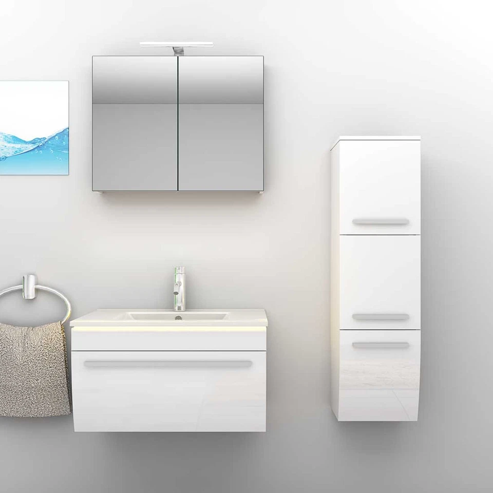 Badmöbel Set Gently 3 V2-R Weiß Badezimmermöbel Badspiegel Waschtisch 80 cm - Bild 3 von 4