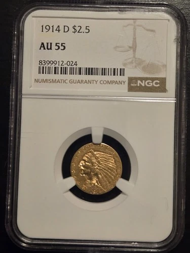 1914 D $2.50 Indian Head Quarter Eagle Gold Coin NGC Certified AU 55