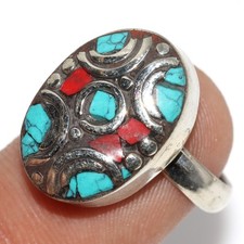 Tibetan Turquoise Red Coral Nepali Tribal Ring Us FreeSize" Aesthetic MJ