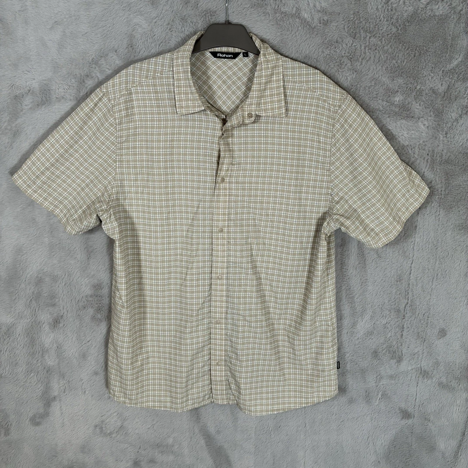 Rohan Aura Shirt Mens Large Green Checked Walking hiking Short Sleeve