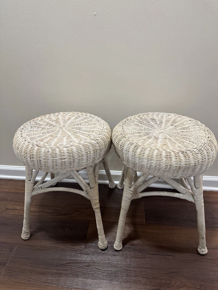 Vintage Mid Century Wicker Rattan Vanity Stool Plant Stand Set of 2, White - Image 2 of 4