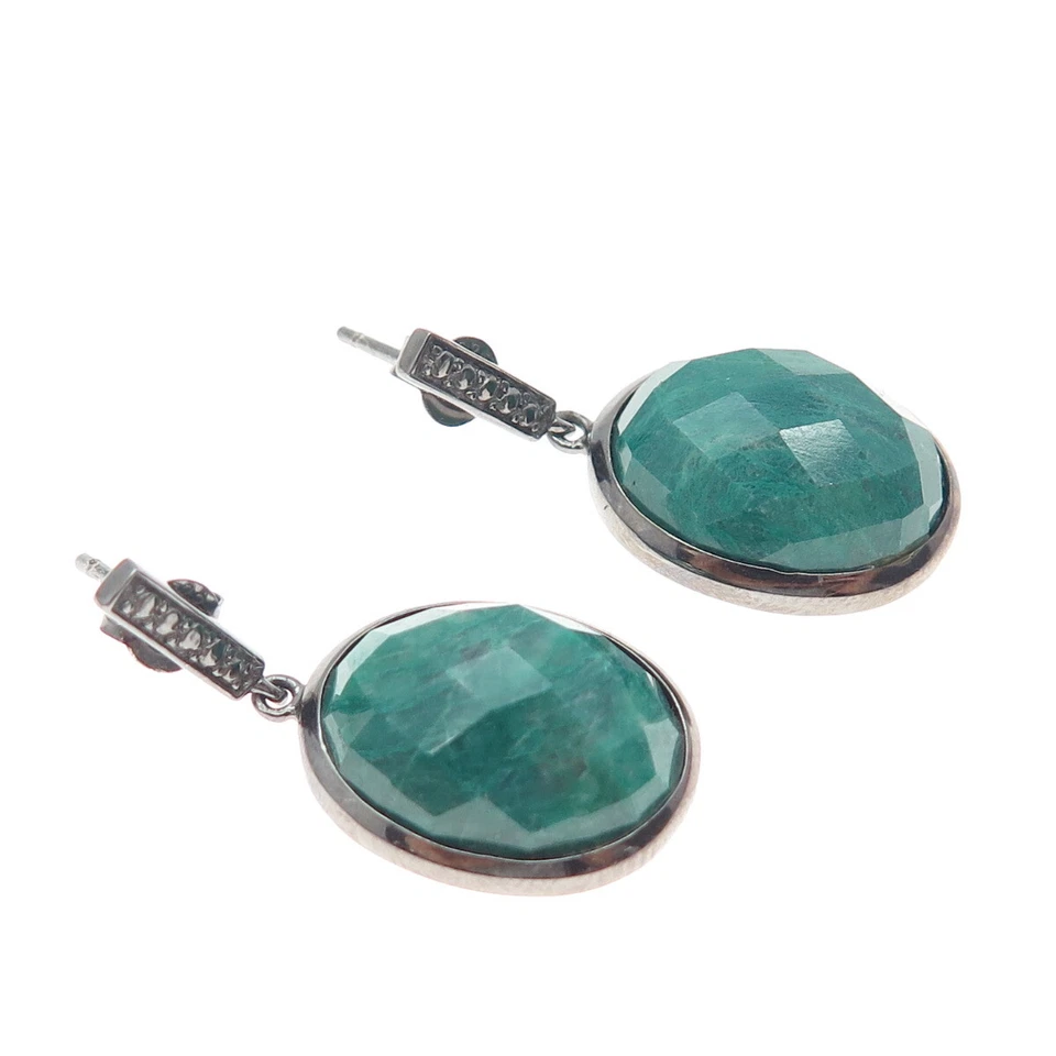 Pendientes colgantes de plata de ley 925 rodio negro real esmeralda de corte ovalado Foto 4 de 4
