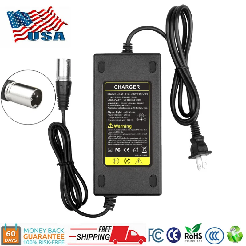 48V Lithium Battery Charger Adapter 54.6V 2A For Electric Bicycle