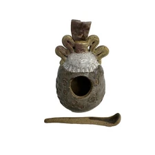 Pottery Piece Handmade Salt Dish with spoon and Stone detail Signed 5x3x3 inches