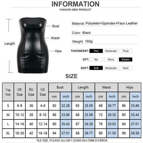 Women Strapless Leather Bodycon Mini Dress Club Party Sleeveless Sexy Sundress - Picture 2 of 24