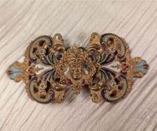 ORNATE GOLD TONE METAL VICTORIAN BELT BUCKLE FOR DRESS W FIGURAL CENTER ENAMEL