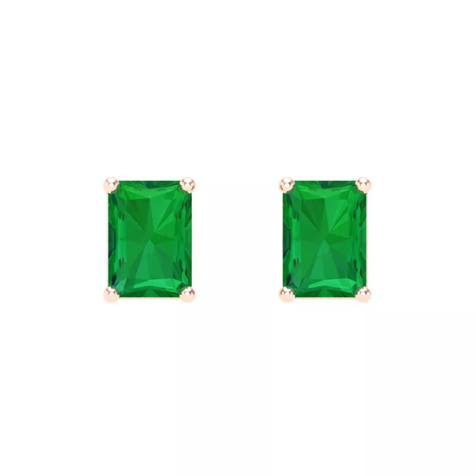 Pendientes solitarios de oro rosa macizo con tachuelas corte esmeralda de 2,0 quilates empujar hacia atrás Foto 3 de 4