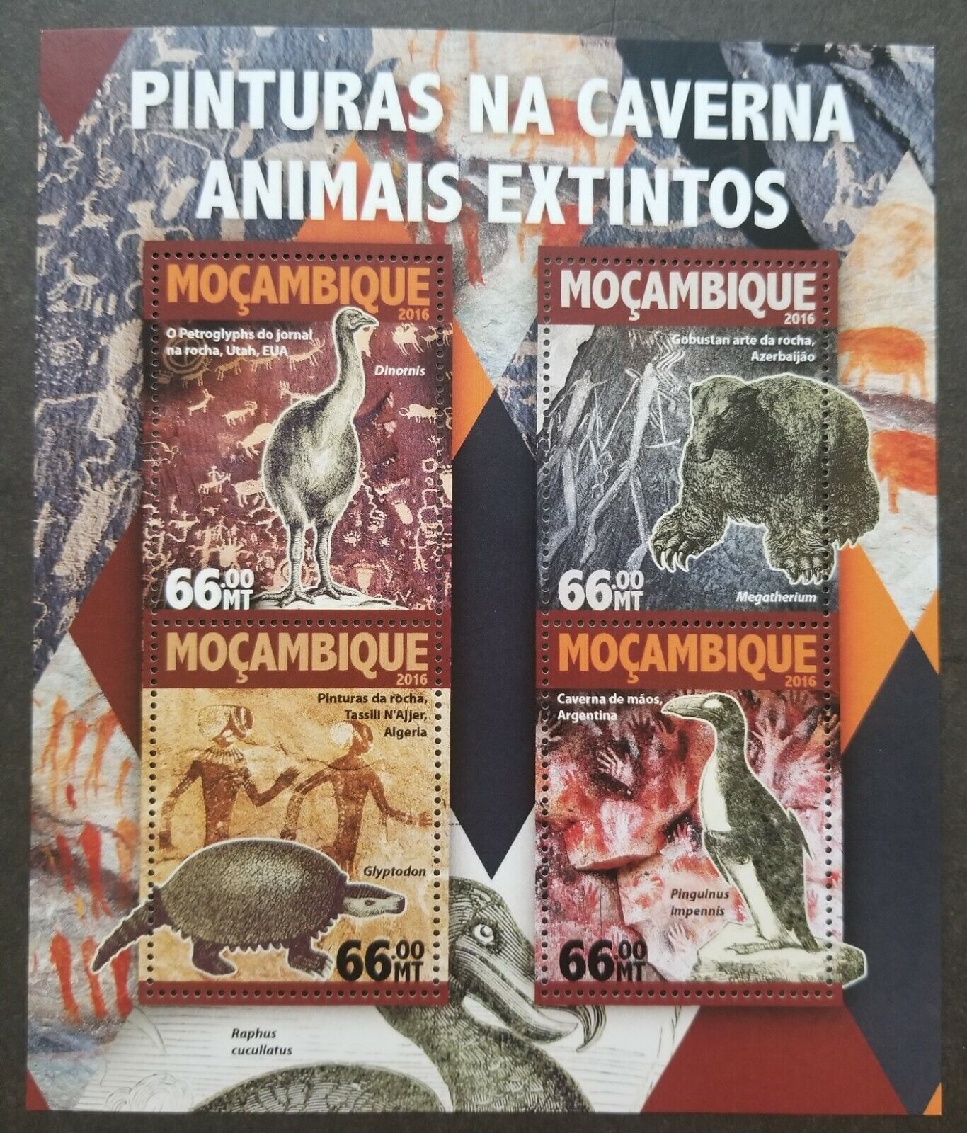 Mozambique Extinct Animals 2016 Cave Painting Bird Wildlife Pre Historic (ms MNH