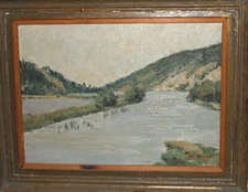1968 Impressionist oil painting river landscape signed