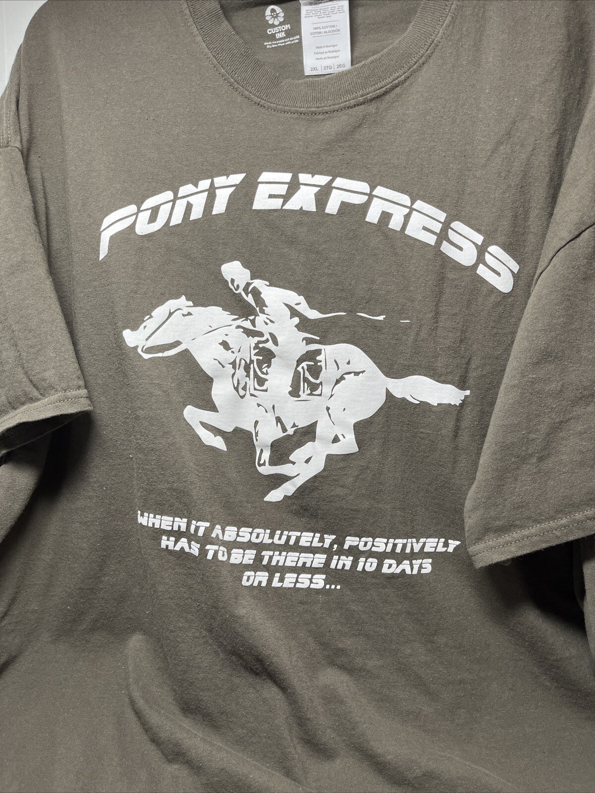 T shirt Pony Express taglia 2XL cavallo postale doppia cucitura verde militare