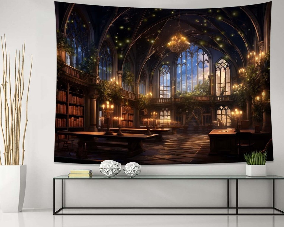 Fantasy-Wandteppich 'Magische Bibliothek' – Wald & Bücherregal-Motiv, HD-Druck