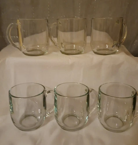 Set 6 Vtg USA Made Clear Glass Mugs Rare Classic Anchor Hocking American MCM
