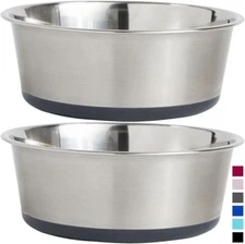 SET OF 2 Stainless Steel Metal Dog Bowl Cat Bowl GREY Silicone Base Holds 2 CUPS