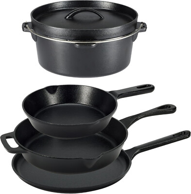 MegaChef Assorted Pre-Seasoned OVEN SAFE, Cast Iron Cookware Set, 5 Piece, Black