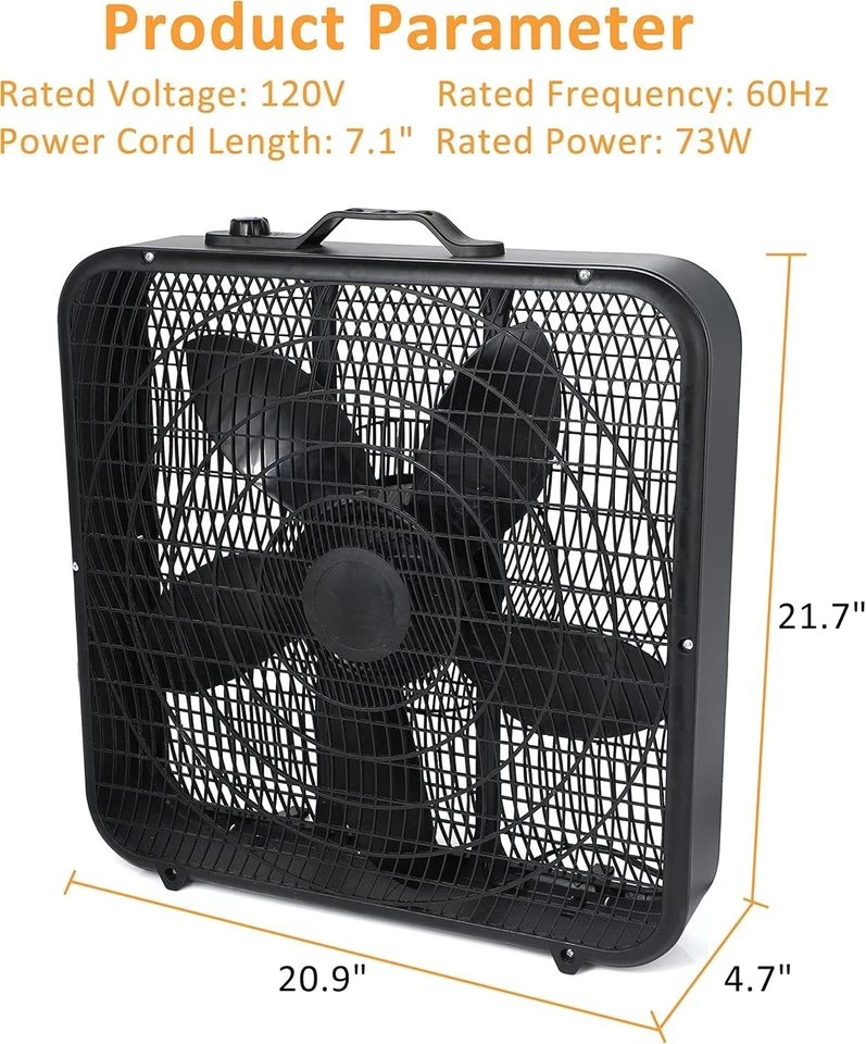 20-Inch Box Fan – 3-Speed Air Circulator w/ Safety Grills & Carry Handle Black - Image 2 of 4