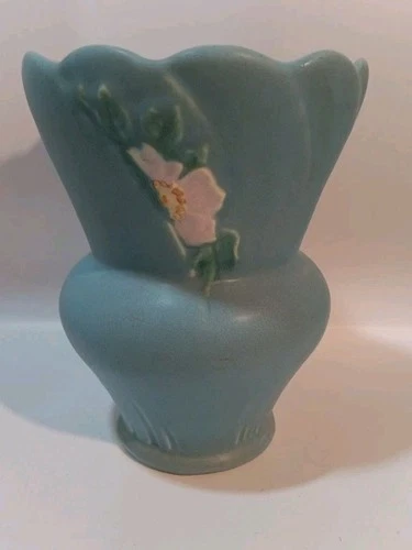Vintage Weller Stunning Hudson Blue Pottery Vase with a Wild Pink Rose Motif B-4