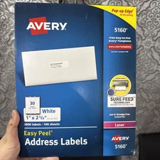 1 box  AVERY 5160 - 3000 ADDRESS LABELS EA. 1" x 2 5/8" - 100 SHEETS 6000 TOTAL