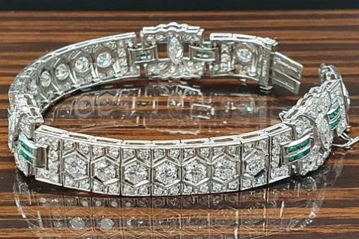 Art Deco Platin Armband antik 8,17ct Diamanten Smaragde diamond bracelet * - Bild 3 von 4