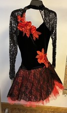 Dance Costume Gallery Adult Medium Red Black flower appliqu  Lace Velvet