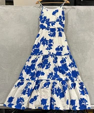 Cynthia Rowley Maxi Dress Women Small Tiered Floral White Blue Linen Boho Hippie