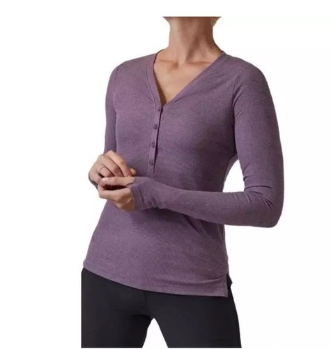 Athleta Damen UPTEMPO gerippt 4 Knöpfe Henley Top Shirt LILA EUC Large L