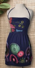 Desigual Blue Halter Dress Floral Beaded Circles Size S Embellished 