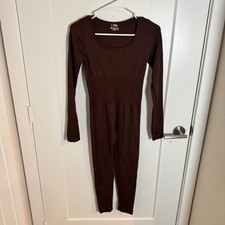 Womens Brown Seamless Ribbed Long Sleeve Catsuit Jumpsuit Size L
