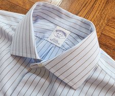 BROOKS BROTHERS SHIRT, Men's 16 x 32/33 SLIM, Blue White Brown Striped, NO IRON
