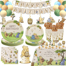 192Pcs Winnie Birthday Decorations, Vintage Pooh Bear Plates Napkins Cups Forks