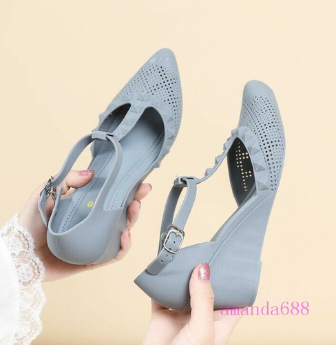 Womens Summer Plastic Wedge High Heels Jelly Shoes T-strap Waterproof Sandals Sz - Picture 13 of 18