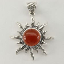 925 Sterling Silver - Round Carnelian - Cornelian Drop / Dangle Sun Pendant