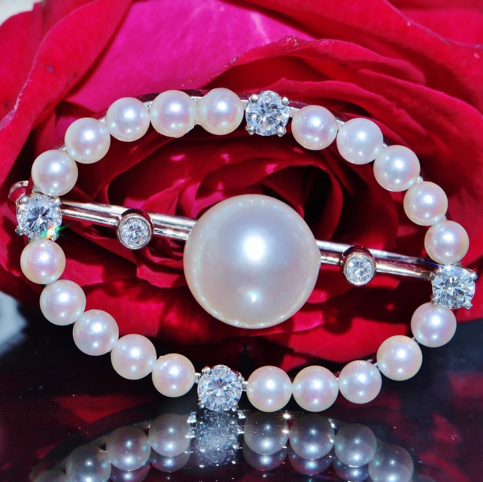 Broche prendedor oro blanco 14k 9mm perla cultivada y diamante 0.50c años 30 hecho a mano 5.8g Foto 2 de 4