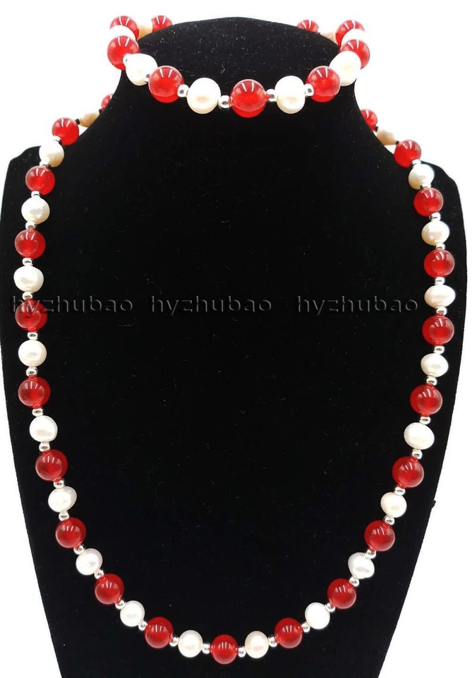 25" 36" 7-8mm White Pearl &8mm Round Gemstones Beads Necklace +Bracelet 7.5" Set - Изображение 2 из 4