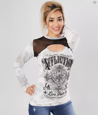 Women's Affliction Long Sleeve Vintage Ink Ice Washed T-Shirt Top w/Stones
