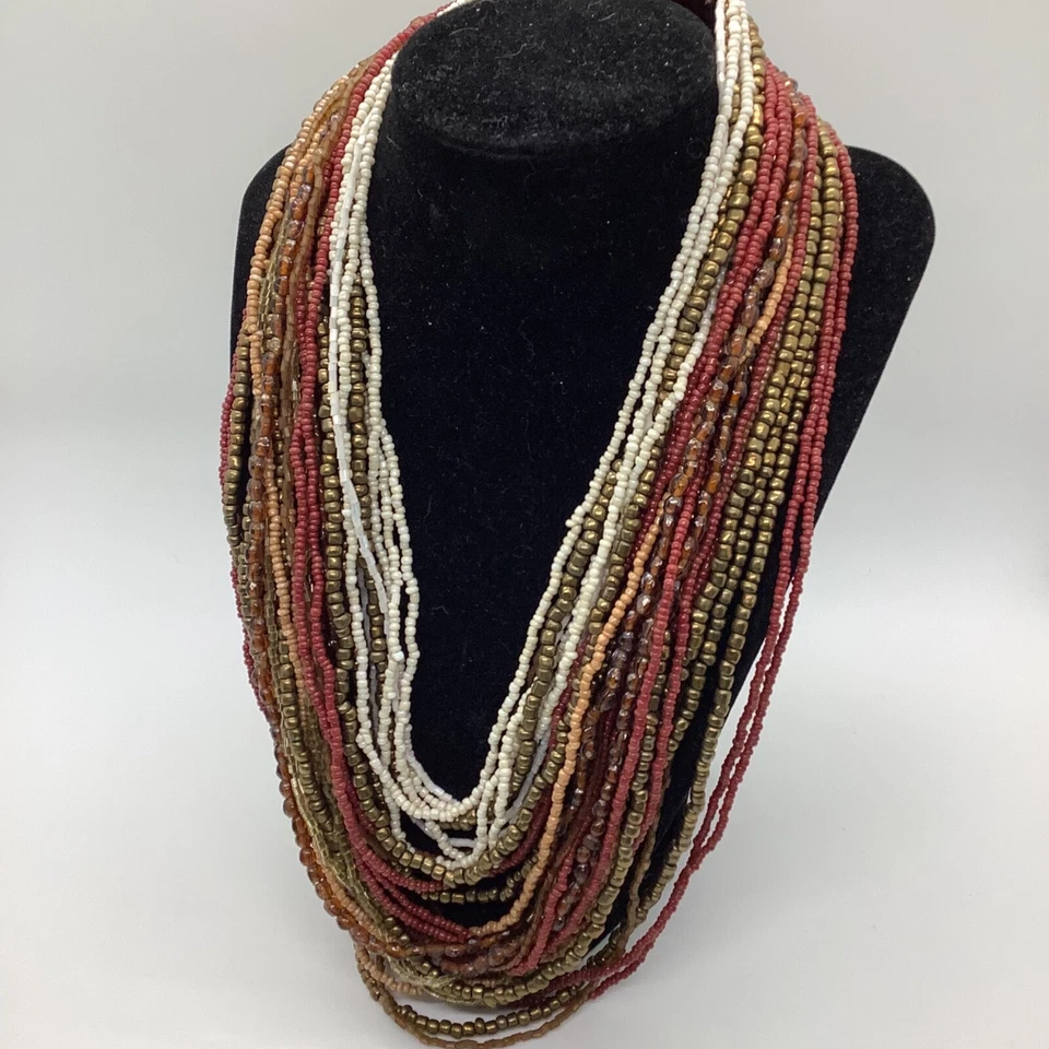 Collar de cuentas de semilla roja marrón dorado marfil multicapa con broche de madera N85