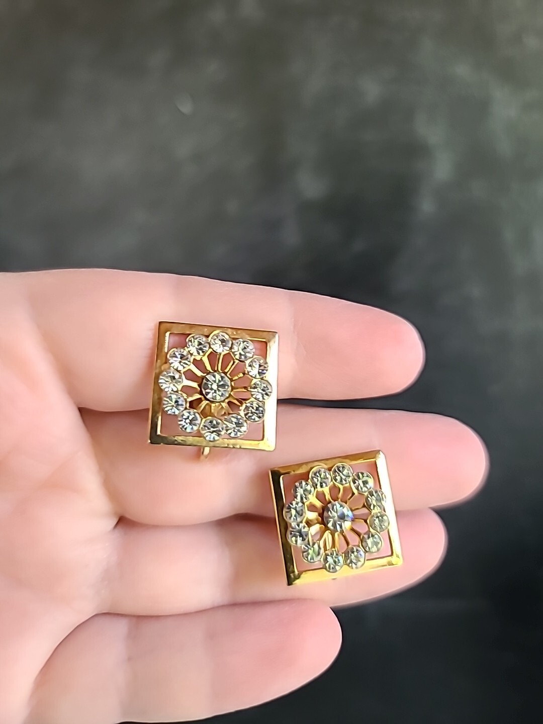 Square Shaped Clear Rhinestone Screwback Earrings… - image 1