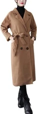 Women's Wool Like Trench Coat Notched Lapel Double Breasted Wrap Overcoat w Belt