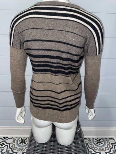 Quinn 100% Cashmere Soft Sweater Crew Brown / Cream / Black Strip Size XS - Picture 3 of 7