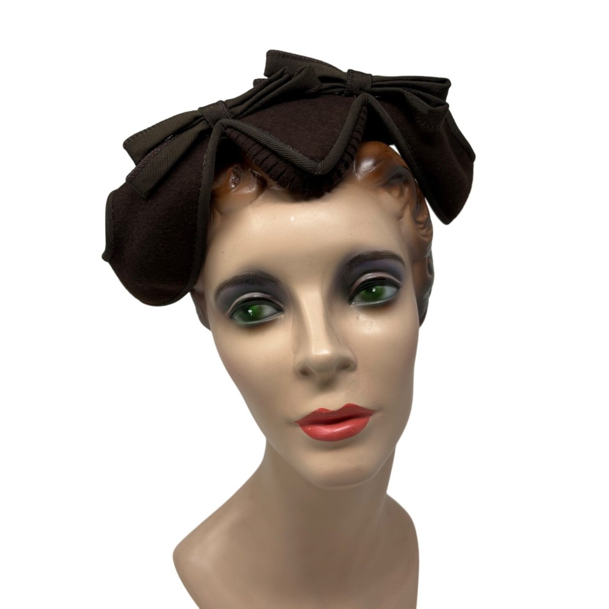 Vintage Bows Hat Scalloped Chocolate Brown Wool Calot Cap | eBay display picture 2