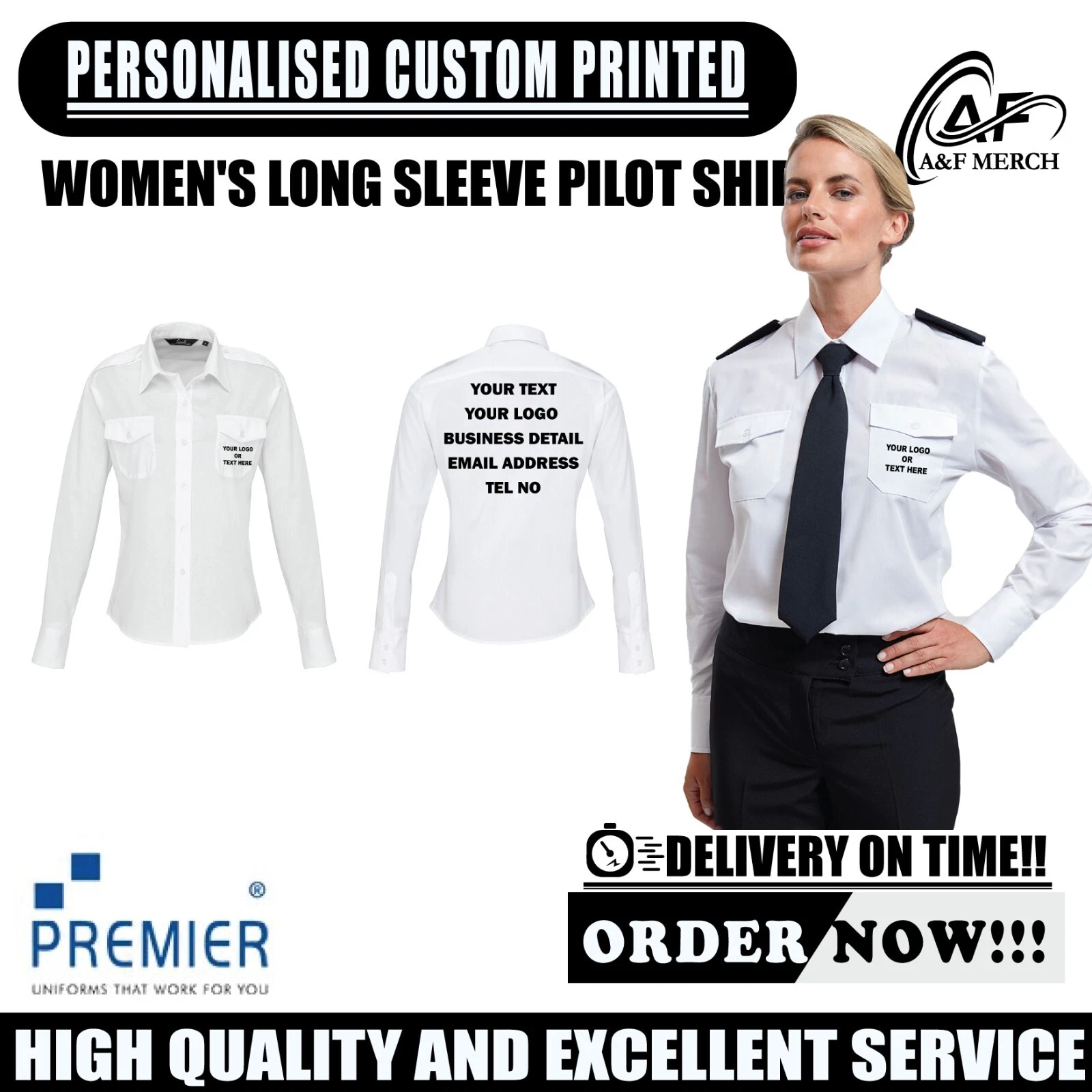 Personalised Custom Premier Women's Long Sleeve Pilot Shirt Work Uniform PR310