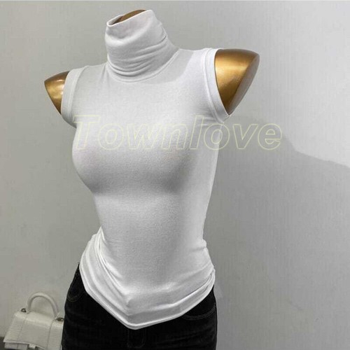 Women Sleeveless Turtleneck Vest Slim Thin Crop Top Tee Ribbed Tank T-Shirts Top - Picture 2 of 14